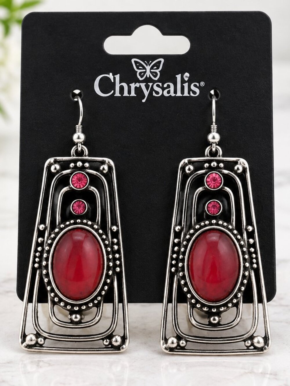 Chrysalis Red Cabochon Silver Tone Dangle Drop Earrings Ornate Pierced